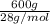 \frac{600g}{28 g/mol}