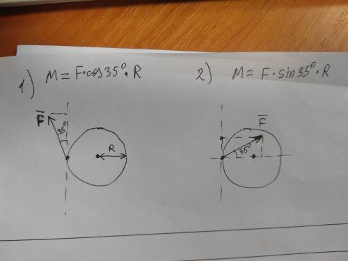 На зубчатое колесо радиуса r=1.5 м действует сила f=420 н, угол = 35* . чему равен момент силы f отн