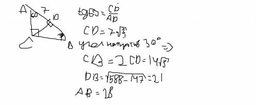 Впрямоугольном треугольнике авс угол с =90° угол в=30° сd перпендикулярна ав найти ав если аd=7 сант