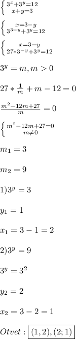 \left \{ {{3^{x}+3^{y}=12} \atop {x+y=3}} \right.\\\\\left \{ {{x=3-y} \atop {3^{3-y}+3^{y}=12}} \right.\\\\\left \{ {{x=3-y} \atop {27*3^{-y}+3^{y}=12}} \right.\\\\3^{y}=m,m0\\\\27*\frac{1}{m}+m-12=0\\\\\frac{m^{2}-12m+27 }{m}=0\\\\\left \{ {{m^{2}-12m+27=0 } \atop {m\neq0 }} \right.\\\\m_{1} =3\\\\m_{2}=9\\\\1)3^{y}=3\\\\y_{1}=1\\\\x_{1}=3-1=2\\\\2)3^{y}=9\\\\3^{y}=3^{2}\\\\y_{2}=2\\\\x_{2}=3-2=1 \\\\Otvet:\boxed{(1,2),(2;1)}