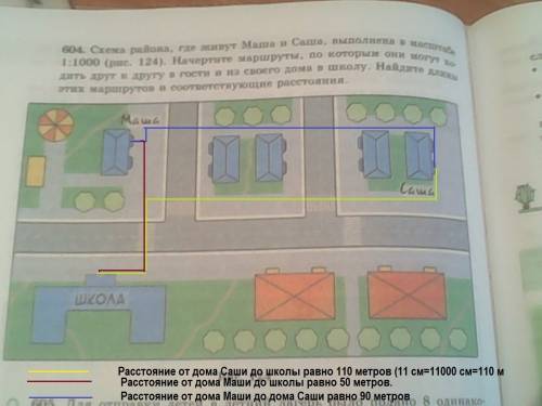 Схема района,где живут маша и саша,выполнена в масштабе 1: 1000 начертите маршруты ,по которым они м