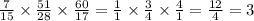 \frac{7}{15} \times \frac{51}{28} \times \frac{60}{17} = \frac{ 1}{1} \times \frac{3}{4} \times \frac{4}{1} = \frac{12}{4} = 3