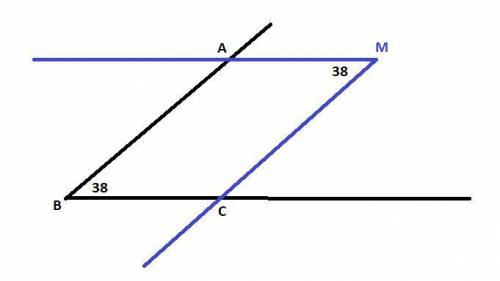 Из точки м, взятой внутри угла, равного 38 градусам ,проведены два луча,параллельные сторонам угла.