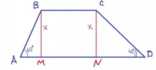 Найдите площадь трапеции,основания которой равны 4 и 10 а углы при большем основании 45 и 60