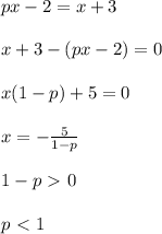 px-2=x+3 \\ \\ x+3 - (px-2) = 0 \\ \\ x(1-p) + 5 = 0 \\ \\ x = - \frac{5}{1-p} \\ \\ 1-p\ \textgreater \ 0 \\ \\ p\ \textless \ 1