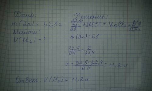 Определитеобъём водорода при нормальных условиях который выделится при взаимодействии 32,5 г цинка с