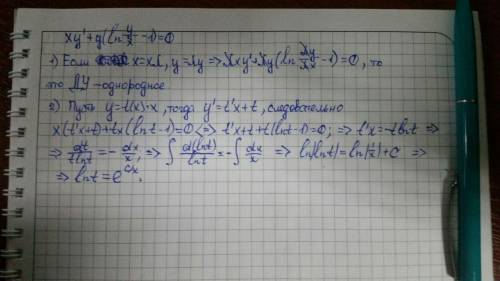 Решить однородное дифференциальное уравнение xy'+y(ln(y/x)-1)=0