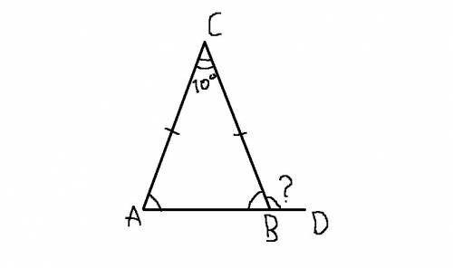 Втреугольнике аbc,ac=bc угол с равен 10 градусам .найдите внешний угол сbd