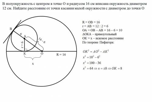 Вполуокружности с центром в точке о и радиусом 16 см вписана окружность с диаметром 12 см. найдите р