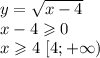 y = \sqrt{x - 4} \\ x - 4 \geqslant 0 \\ x \geqslant 4 \ [4;+\infty)