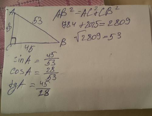 Впрямоугольном треугольнике abc угол с= 90 градусов ас=28 см вс=45 см найдите sina, cos a, tga