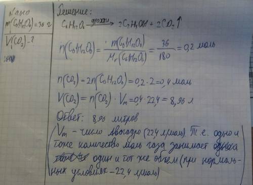 Какой объём углекислого газа выделится при спиртовом брожении 36 г глюкозы