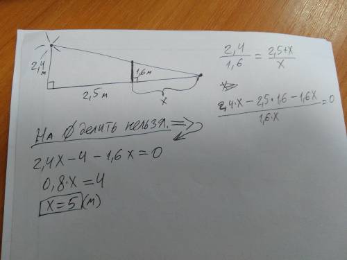 Человек стоит на расстоянии 2.5 м от стены на который висит фонарь на высоте 2.4 м. найдите длину те