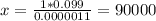 x= \frac{1*0.099} {0.0000011} =90000