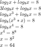 log_2x+log_8x=8 \\ 3log_8x+log_8x=8 \\ log_8x^3+log_8x=8 \\ log_8(x^3*x)=8 \\ log_8x^4=8 \\ x^4=8^8 \\ x=8^2 \\ x=64