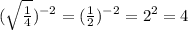 ( \sqrt{ \frac{1}{4} } )^{-2} = (\frac{1}{2}) ^{-2} = 2^{2} =4