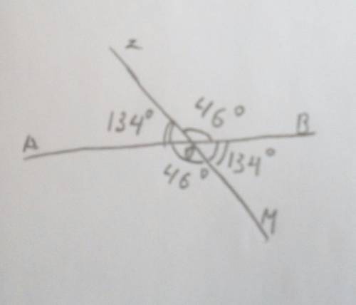 Один из углов который образуется при пересечении двух прямых равен 46° найти остальные