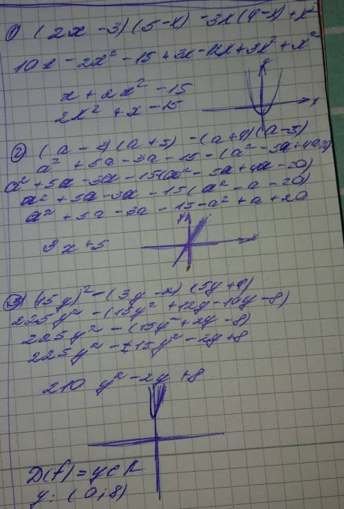 1. выражение (2х – 3)(5 – х) – 3х(4 – х) + х^2 (^-степень) 2.найти значение выражения (а –3)(а + 5)