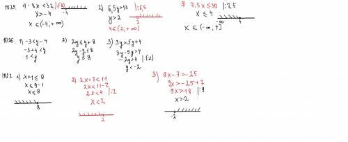 1025. решите неравенство. решение запишите в виде числового промежутка: 1) -8 меньше или равно 32; 2