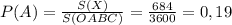 P(A)=\frac{S(X)}{S(OABC)}=\frac{684}{3600}=0,19