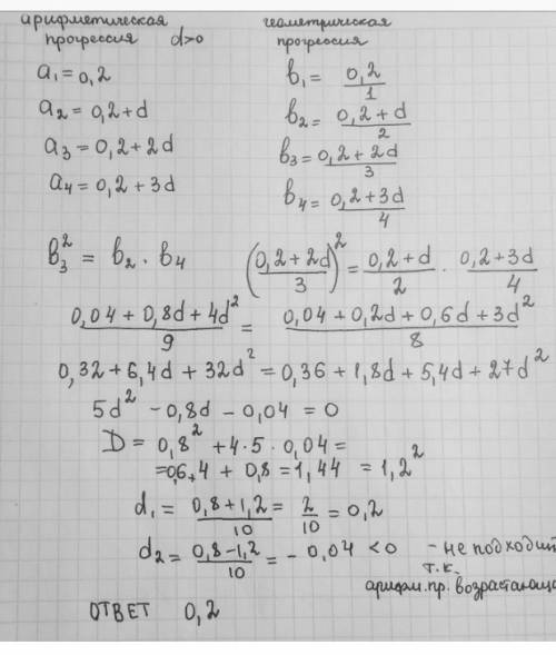 Первый член возрастающей арифметической прогрессии равен 0,2. найдите разность прогрессии, если изве