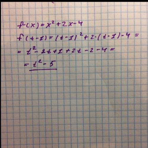 Для функции f(x)=x^2+2x-4 найдите f(t-1). a) t^2-5 b)t^2-4t-5 c)t^2-4t-6 d)t^2+4 e)t^2 если можно, о