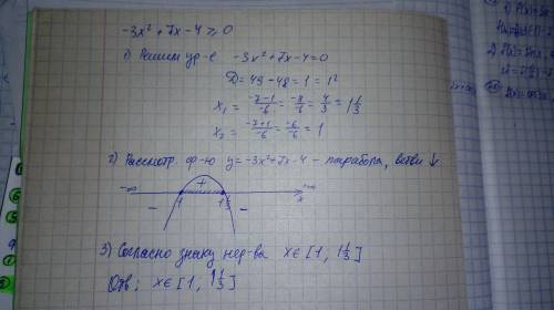 Решите неравенство: -3x в квадрате + 7x -4 больше или равно 0 много ! и желательно,подробно.