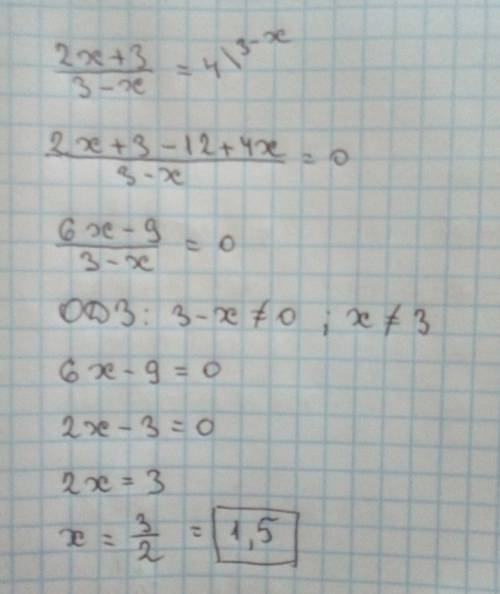 При каком значении переменой х значение выражения 2х+3 /3-х равно 4? а)4,5 в) 1 с) 1,5 д) 4,5 е) - 1