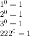 1^0=1 \\ 2^0=1 \\ 3^0=1 \\ 222^0=1