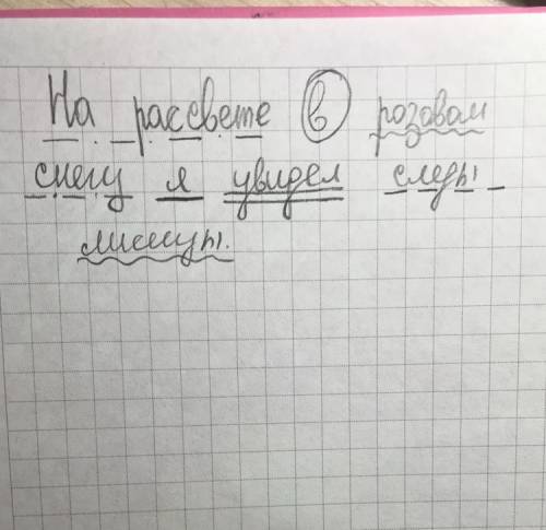 Разобрать предложение. на рассвете в розовом снегу я увидел следы лисицы.