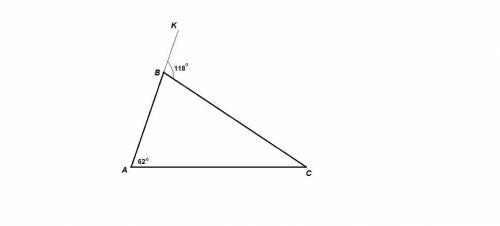 Втреугольнике abc угол a равен 62 градусов внешний угол при вершины b равен 118 градусов. найдите уг