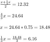 \frac{x+ \frac{1}{3}x}{2} =12.32 \\\\ \frac{4}{3}x=24.64 \\\\ x=24.64*0.75=18.48 \\\\ \frac{1}{3}x= \frac{18.48}{3} =6.16