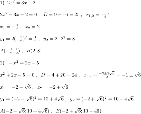 1)\; \; 2x^2=3x+2\\\\2x^2-3x-2=0\; ,\; \; D=9+16=25\; ,\; \; x_{1,2}= \frac{3\pm 5}{4} \\\\x_1=-\frac{1}{2}\; ,\; \; x_2=2\\\\y_1=2(-\frac{1}{2})^2=\frac{1}{2}\; ,\; \; y_2=2\cdot 2^2=8\\\\A(-\frac{1}{2},\frac{1}{2})\; ,\; \; B(2,8)\\\\2)\; \; -x^2=2x-5\\\\x^2+2x-5=0\; ,\; \; D=4+20=24\; ,\; \; x_{1,2}= \frac{-2\pm 2\sqrt6}{2} =-1\pm \sqrt6\\\\x_1=-2-\sqrt6\; ,\; \; x_2=-2+\sqrt6\\\\y_1=(-2-\sqrt6)^2=10+4\sqrt6\; ,\; \; y_2=(-2+\sqrt6)^2=10-4\sqrt6\\\\A(-2-\sqrt6;10+4\sqrt6)\; ,\; \; B(-2+\sqrt6;10-4\srt6)