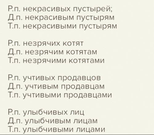 Измени словосочетания так, чтобы они стояли в р. п. д. п. ,т. п, п.п,множественного числа. некрасивы