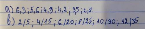 Укажите недостающие числа последовательности: а) 6,3; ,9; ; 3.5; ; в) 2/5; ; 4/15; ; 8/25; ; 12/35