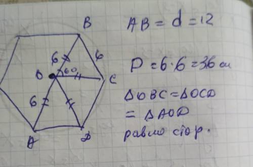 Длина диаметра окружности, описанной около правельного шестугольника, равно 12см. вычеслите периметр