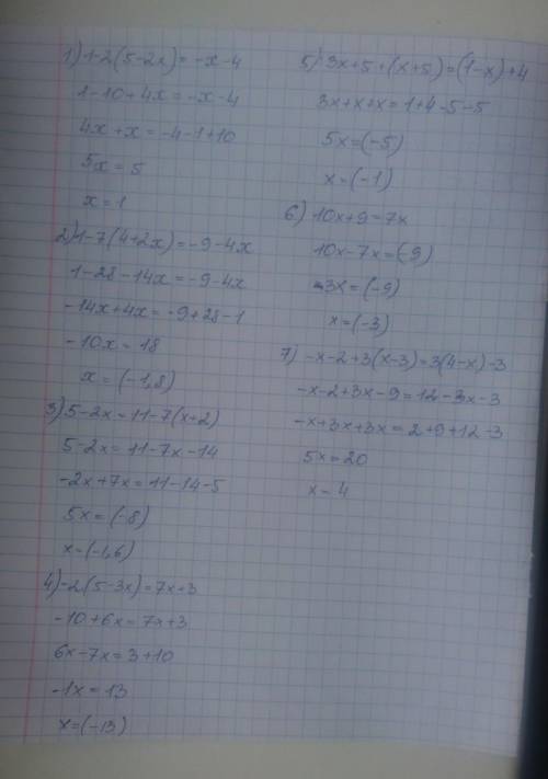 Решить : 1-2(5-2х)=-х-4; 1-7(4+2х)=-9-4х; 5-2х=11-7(х+2); -2(5-3х)=7х+3; 3х+5+(х+5)=(1-х)+4; 10х+9=7