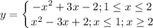 \displaystyle y=\left \{ {{-x^2+3x-2; 1\leq x\leq 2} \atop {x^2-3x+2; x\leq 1; x\geq 2}} \right.