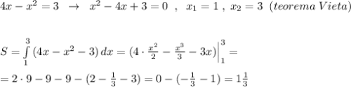 4x-x^2=3\; \; \to \; \; x^2-4x+3=0\; \; ,\; \; x_1=1\; ,\; x_2=3\; \; (teorema\; Vieta)\\\\\\S=\int\limits^3_1\, (4x-x^2-3)\, dx=(4\cdot \frac{x^2}{2}-\frac{x^3}{3}-3x)\Big |_1^3=\\\\=2\cdot 9-9-9-(2-\frac{1}{3}-3)=0-(-\frac{1}{3}-1)=1\frac{1}{3}