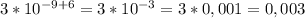 3 * 10^{-9 + 6} = 3 * 10^{-3} = 3 * 0,001 = 0,003