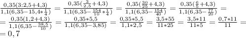 \frac{0,35(3:2,5+4,3)}{1,1(6,35-15,4* \frac{1}{4}) } = \frac{0,35( \frac{3}{2,5} +4,3)}{1,1(6,35- \frac{154}{10}* \frac{1}{4} )} = \frac{0,35( \frac{30}{25}+4,3 )}{1,1(6,35- \frac{154}{40} )} = \frac{0,35( \frac{6}{5}+4,3 )}{1,1(6,35- \frac{77}{20} )} = \\ = \frac{0,35(1,2+4,3)}{1,1(6,35- \frac{38,5}{10} )} = \frac{0,35*5,5}{1,1(6,35-3,85)}= \frac{0,35*5,5}{1,1*2,5} = \frac{3,5*55}{11*25} = \frac{3,5*11}{11*5}= \frac{0,7*11}{11}= \\ =0,7