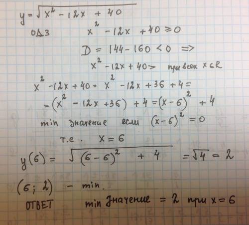 Найдите точку минимума y=√(x^2-12x+40)