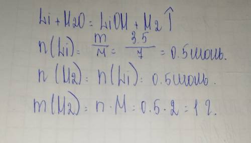 Какая масса водорода выделится при взаимодействии с водой li(лития ) массой 3,5г