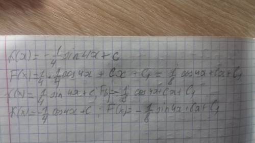 Укажіть первісну для функції f(x)= - 1/4sin4x +c f(x)= 1/4 cos4x +c f(x)=1/4 sin4x +c f(x)= -1/4cos4