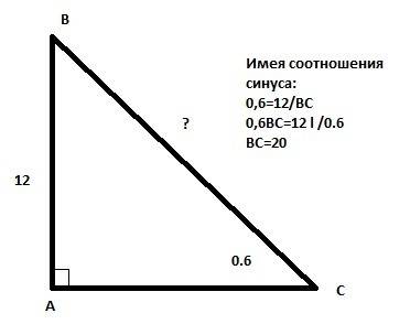 Впрямоугольном треугольнике один из катетов равен 12,синус противолежащего угла равен 0,6.чему равна