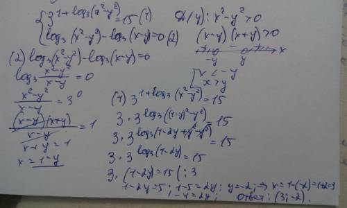 3^1+log3(x^2-y^2)=15 log3(x^2-y^2)-log3(x-y)=0 кто разбирается в системах логарифма