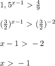 1,5 ^{x-1} \ \textgreater \ \frac{4}{9}\\\\( \frac{3}{2}) ^{x-1} \ \textgreater \ ( \frac{3}{2}) ^{-2}\\\\x-1\ \textgreater \ -2\\\\x\ \textgreater \ -1