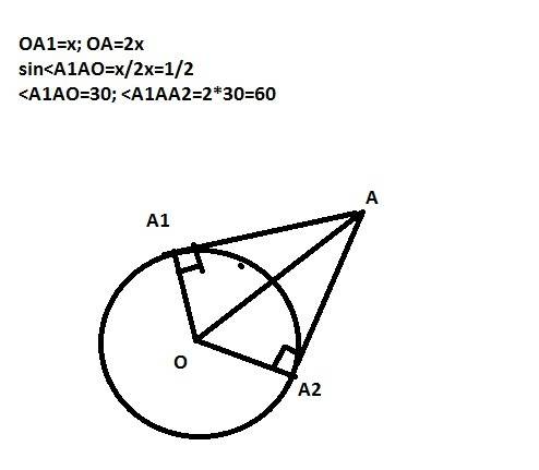 Найдите угол между касательными, проведенными к окружности из одной точки, если расстояние от этой т