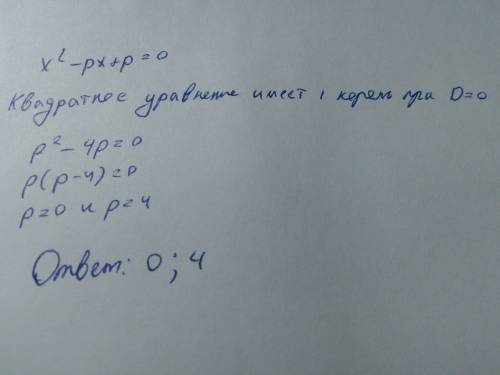 При каком значении p уравнение x²-px+p=0 имеет один корень