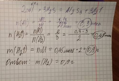 1)в реакцию с сероводородной кислотой вступило 8,1г алюминия. найдите массу образовавшейся соли и об